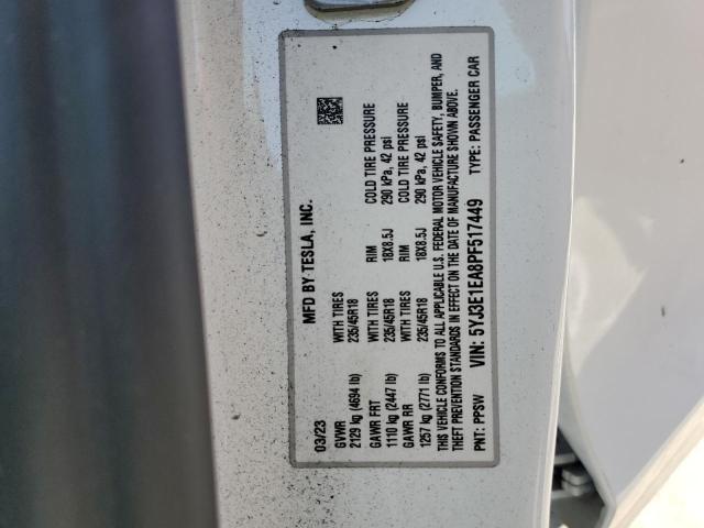 5YJ3E1EA8PF517449 - 2023 TESLA MODEL 3 WHITE photo 12