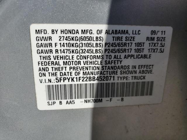 5FPYK1F22BB452071 - 2011 HONDA RIDGELINE RT SILVER photo 12