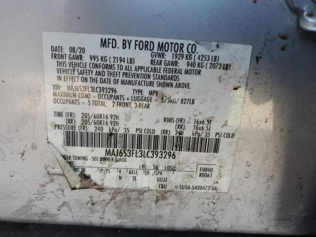MAJ6S3FL3LC393296 - 2020 FORD ECOSPORT S SILVER photo 12