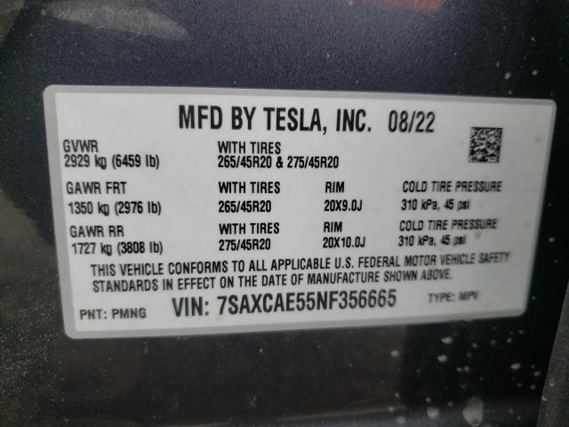 7SAXCAE55NF356665 - 2022 TESLA MODEL X GRAY photo 13