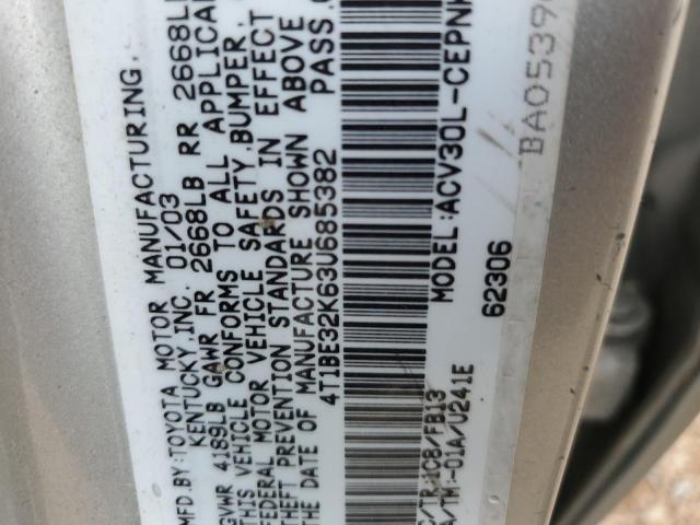 4T1BE32K63U685382 - 2003 TOYOTA CAMRY LE SILVER photo 12