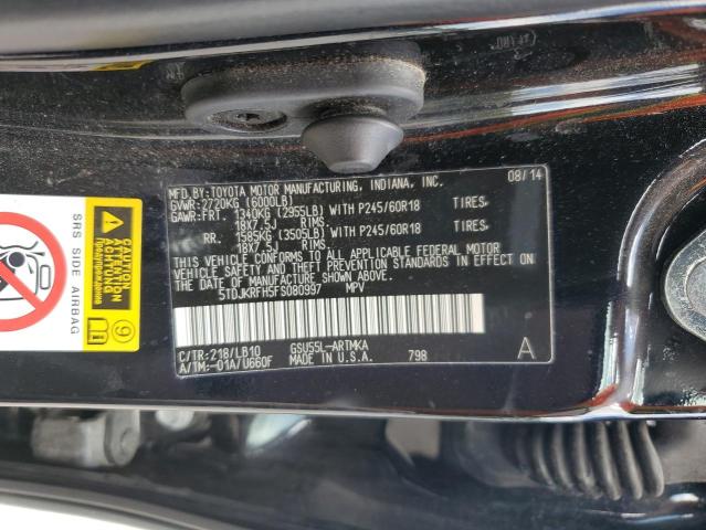 5TDJKRFH5FS080997 - 2015 TOYOTA HIGHLANDER XLE BLACK photo 14