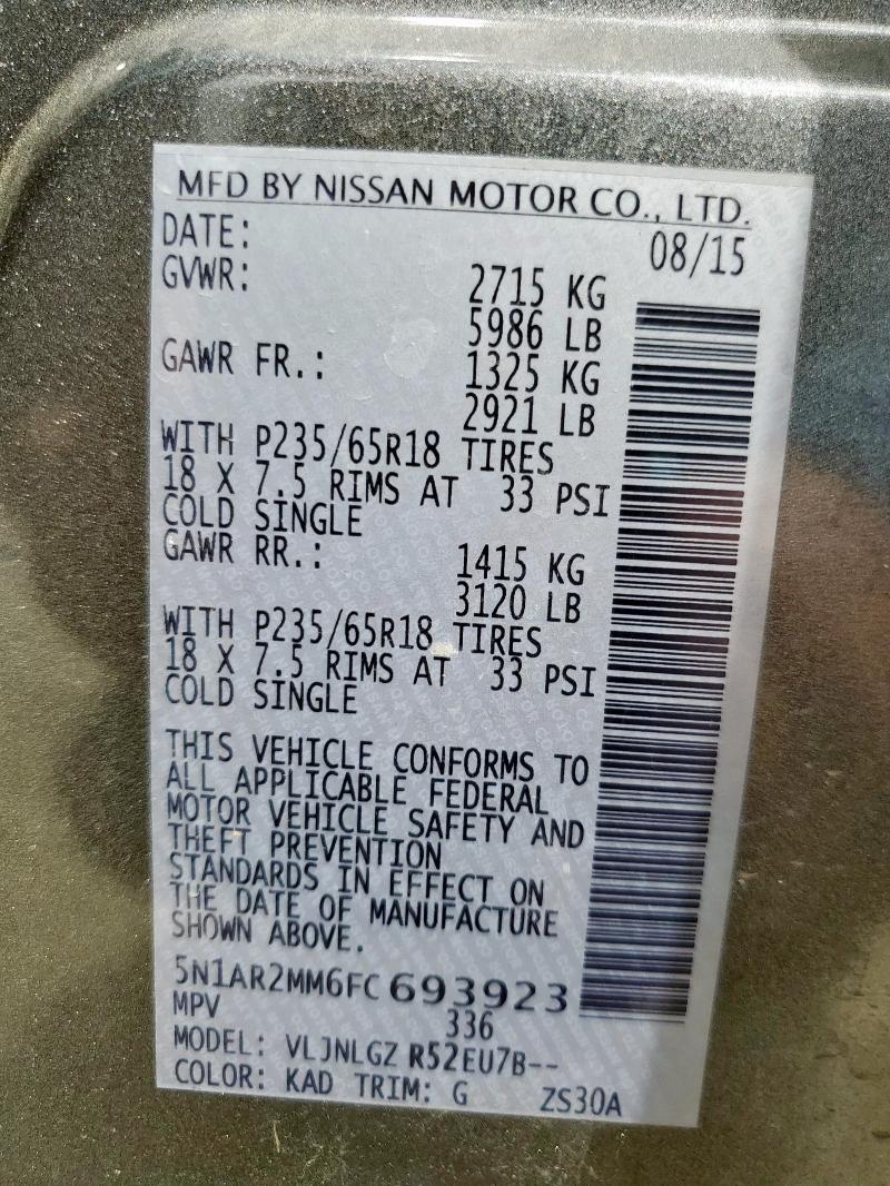 5N1AR2MM6FC693923 - 2015 NISSAN PATHFINDER S Մոխրագույն լուսանկար 13