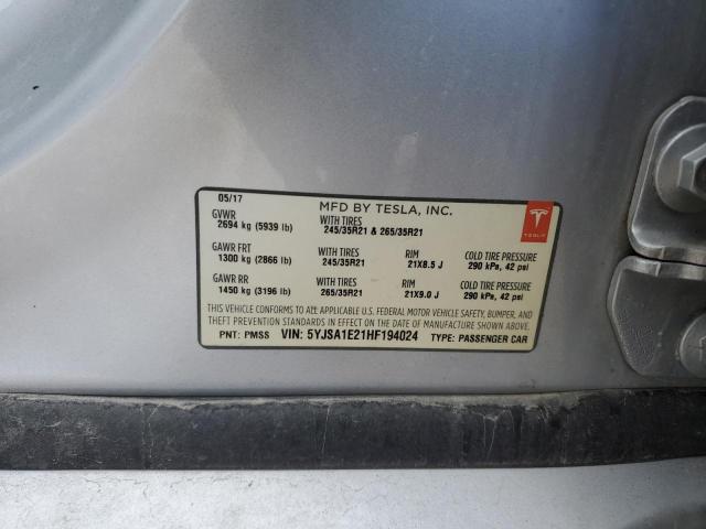 5YJSA1E21HF194024 - 2017 TESLA MODEL S Արծաթագույն լուսանկար 12