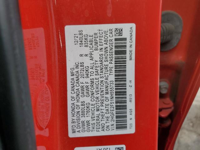 2HGFE2F51NH555733 - 2022 HONDA CIVIC SPORT RED photo 12