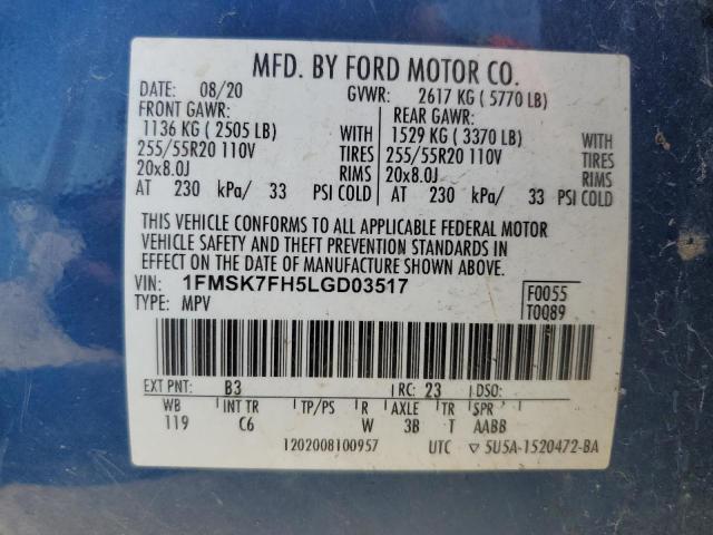 1FMSK7FH5LGD03517 - 2020 FORD EXPLORER LIMITED Կապույտ լուսանկար 13