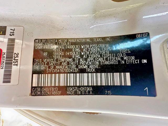 5TFCV54167X004537 - 2007 TOYT TUNDRA DOUBLE CAB SR5 WHITE photo 10