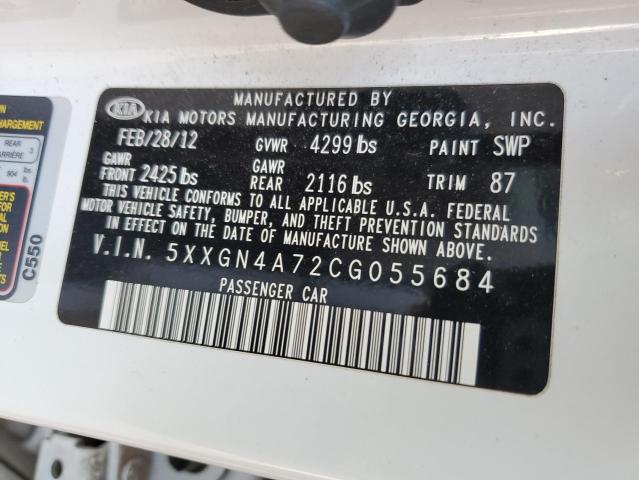 5XXGN4A72CG055684 - 2012 KIA OPTIMA EX WHITE photo 12