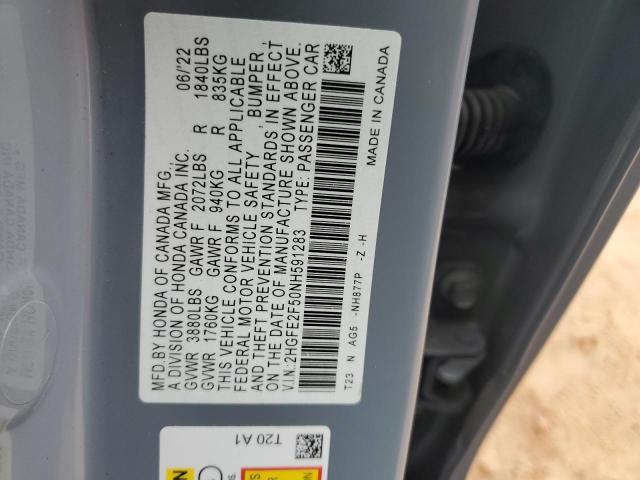 2HGFE2F50NH591283 - 2022 HONDA CIVIC SPORT رمادي صورة 12