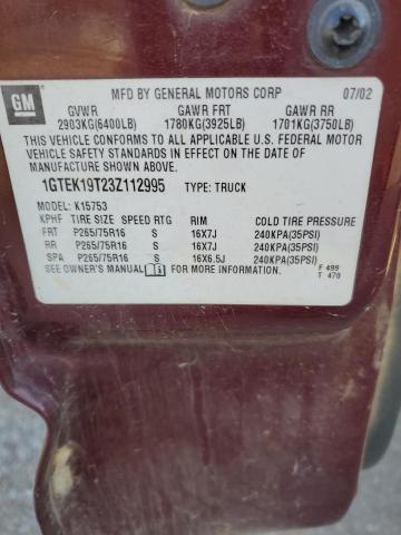 1GTEK19T23Z112995 - 2003 GMC NEW SIERRA K1500 BURGUNDY photo 12