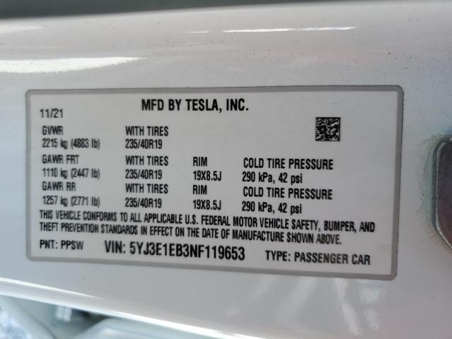 5YJ3E1EB3NF119653 - 2022 TESLA MODEL 3 白色 照片 12