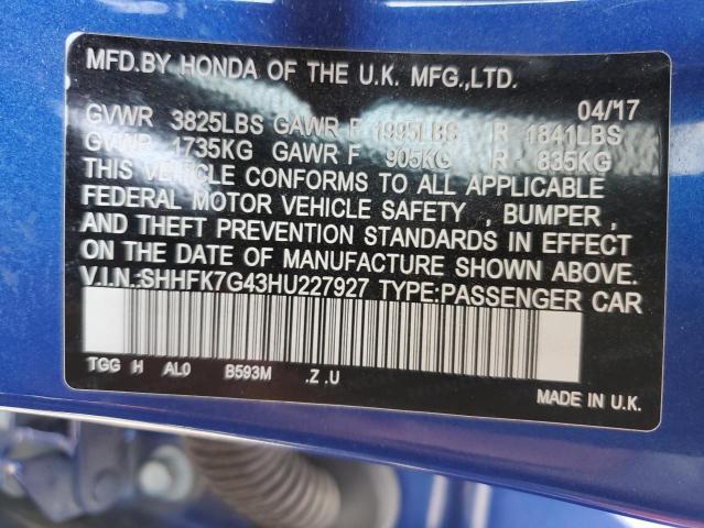 SHHFK7G43HU227927 - 2017 HONDA CIVIC SPORT 蓝色 照片 12