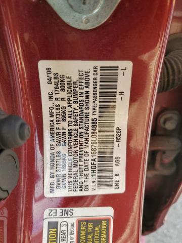 1HGFA16876L084885 - 2006 HONDA CIVIC EX RED photo 12