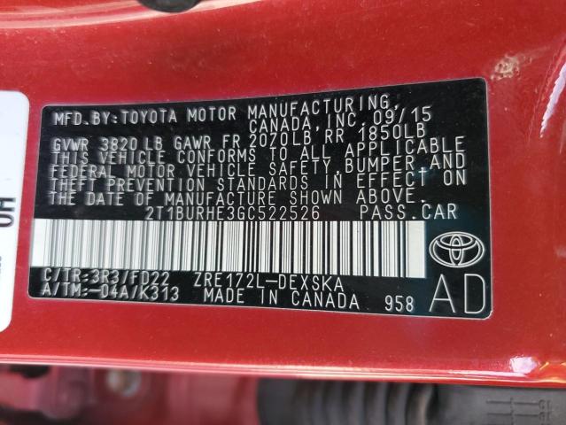 2T1BURHE3GC522526 - 2016 TOYOTA COROLLA L RED photo 12