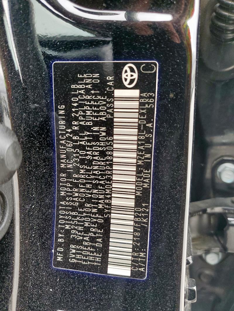 5YFB4MDE3RP188056 - 2024 TOYOTA COROLLA LE BLACK photo 12