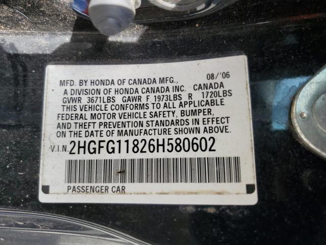 2HGFG11826H580602 - 2006 HONDA CIVIC EX BLACK photo 12