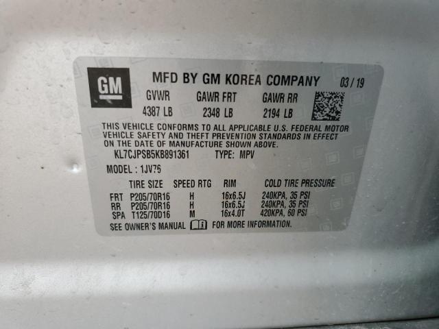 KL7CJPSB5KB891361 - 2019 CHEVROLET TRAX 1LT 银色 照片 13