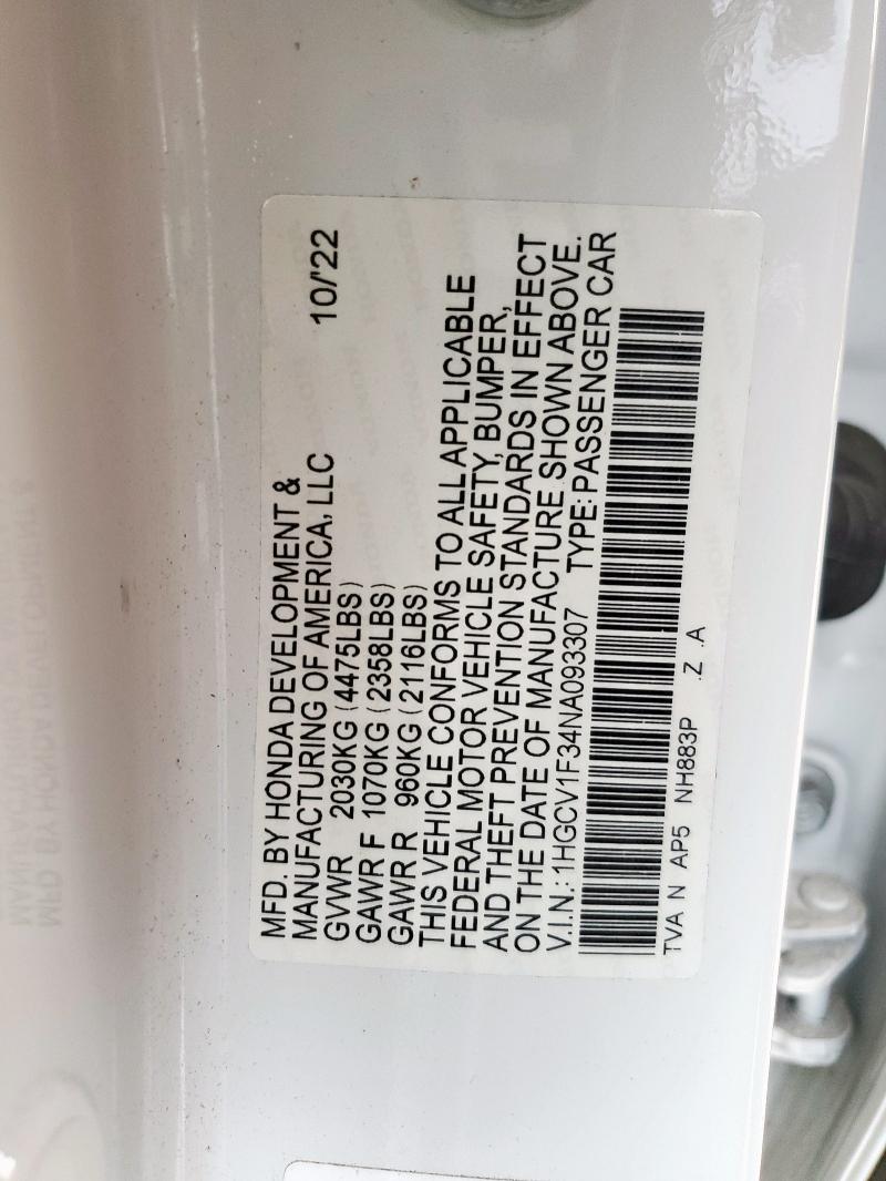 1HGCV1F34NA093307 - 2022 HONDA ACCORD SPORT WHITE photo 12