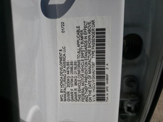 1HGCV1F3XNA017087 - 2022 HONDA ACCORD SPORT 白色 照片 12