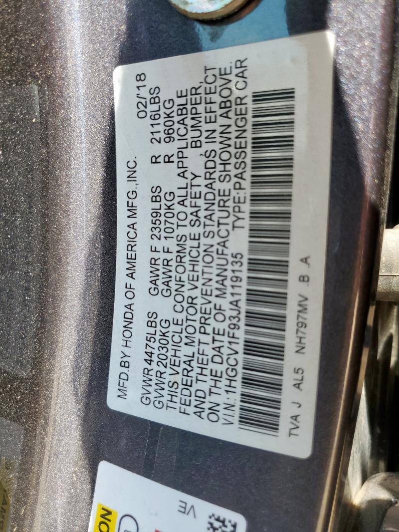 1HGCV1F93JA119135 - 2018 HONDA ACCORD TOURING ნაცრისფერი ფოტო 12