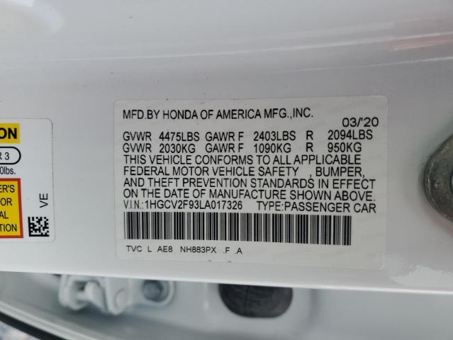 1HGCV2F93LA017326 - 2020 HONDA ACCORD TOURING WHITE photo 12