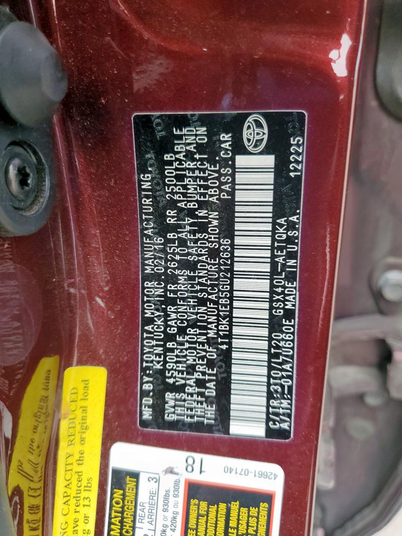 4T1BK1EB5GU212636 - 2016 TOYOTA AVALON XLE 勃艮第红 照片 12