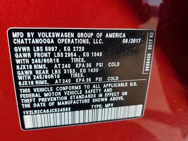 1V2LR2CA8JC524563 - 2018 VOLKSWAGEN ATLAS SE წითელი ფოტო 13