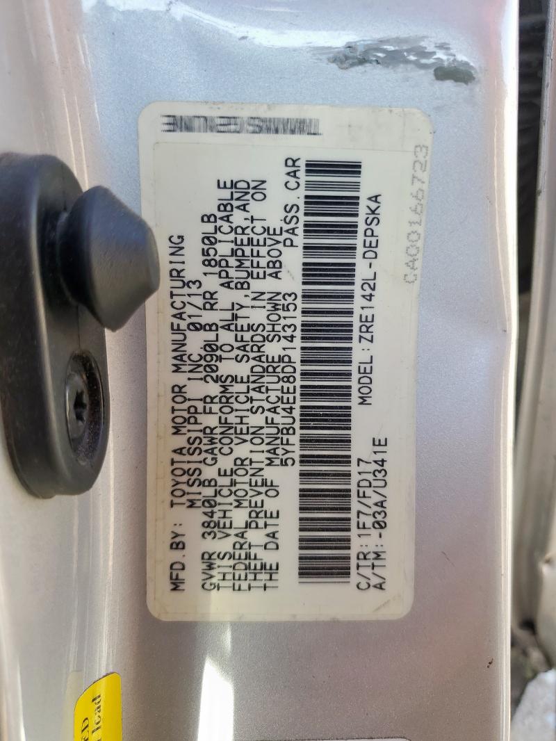 5YFBU4EE8DP143153 - 2013 TOYOTA COROLLA BASE فضي صورة 13