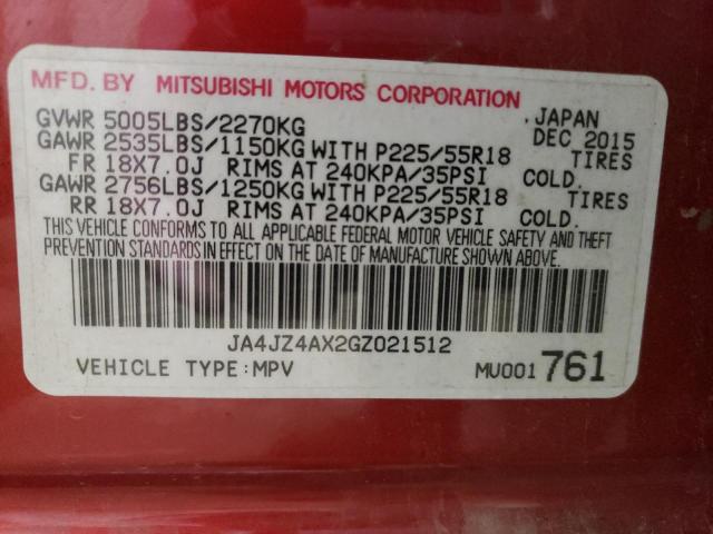 JA4JZ4AX2GZ021512 - 2016 MITSUBISHI OUTLANDER GT RED photo 14