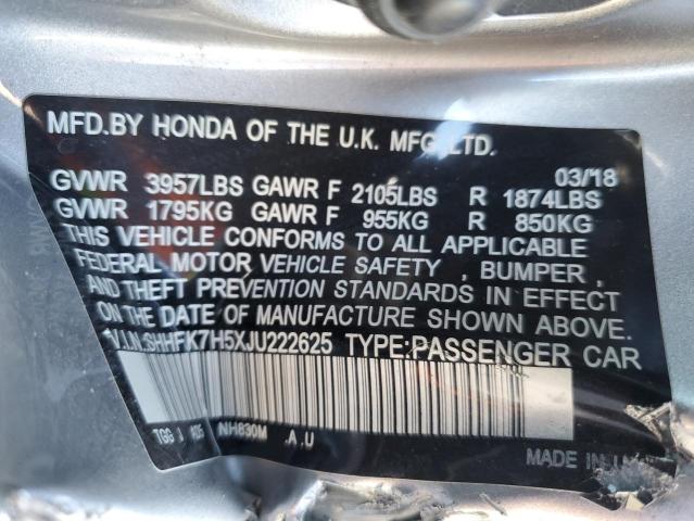 SHHFK7H5XJU222625 - 2018 HONDA CIVIC EX SILVER photo 12