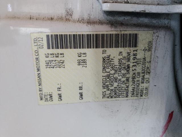 1N4AL2AP8CN531981 - 2012 NISSAN ALTIMA BASE Biały zdjęcie 12