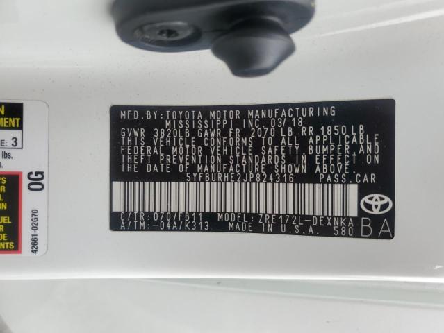 5YFBURHE2JP824316 - 2018 TOYOTA COROLLA L WHITE photo 12