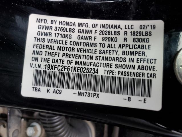 19XFC2F61KE025234 - 2019 HONDA CIVIC LX BLACK photo 12