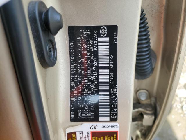 4T1BK3DB7BU380378 - 2011 TOYOTA AVALON BASE 金色 照片 12