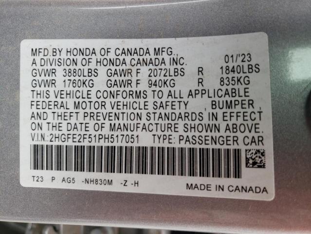 2HGFE2F51PH517051 - 2023 HONDA CIVIC SPORT ვერცხლისფერი ფოტო 12
