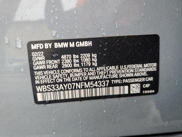 WBS33AY07NFM54337 - 2022 BMW M3 COMPETITION GRAY photo 12