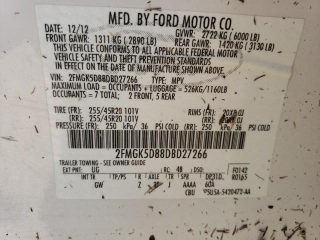 2FMGK5D88DBD27266 - 2013 FORD FLEX LIMITED WHITE photo 10