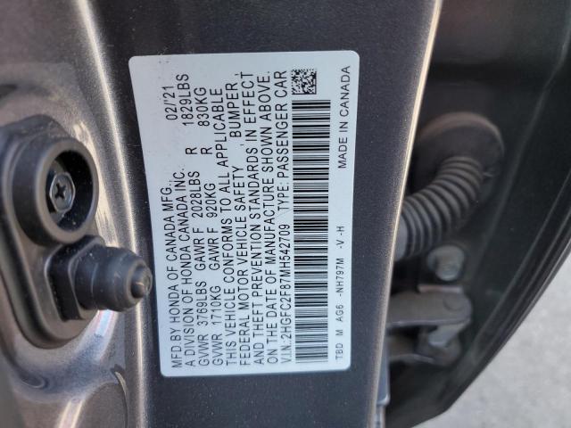 2HGFC2F87MH542709 - 2021 HONDA CIVIC SPORT GRAY photo 12