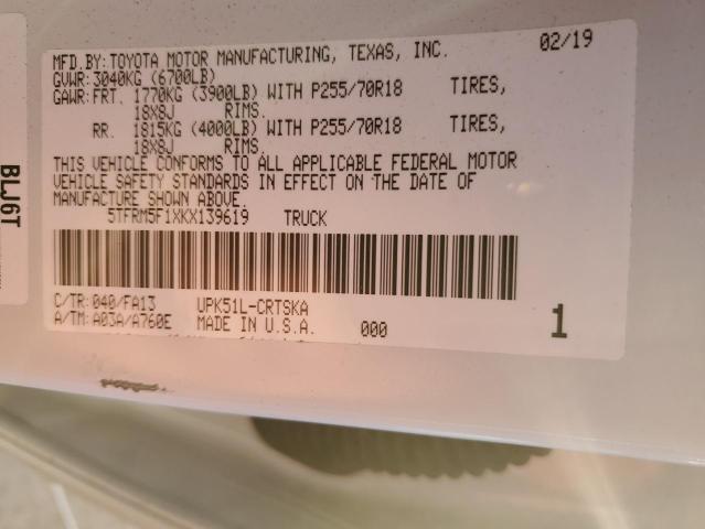 5TFRM5F1XKX139619 - 2019 TOYOTA TUNDRA DOUBLE CAB SR/SR5 WHITE photo 12