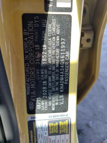 KNADM4A34G6611997 - 2016 KIA RIO LX YELLOW photo 12