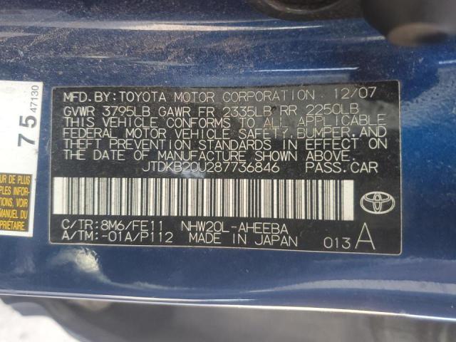 JTDKB20U287736846 - 2008 TOYOTA PRIUS BLUE photo 12
