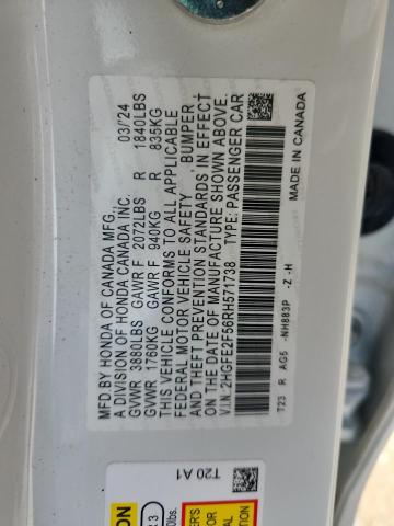 2HGFE2F56RH571738 - 2024 HONDA CIVIC SPORT WHITE photo 12