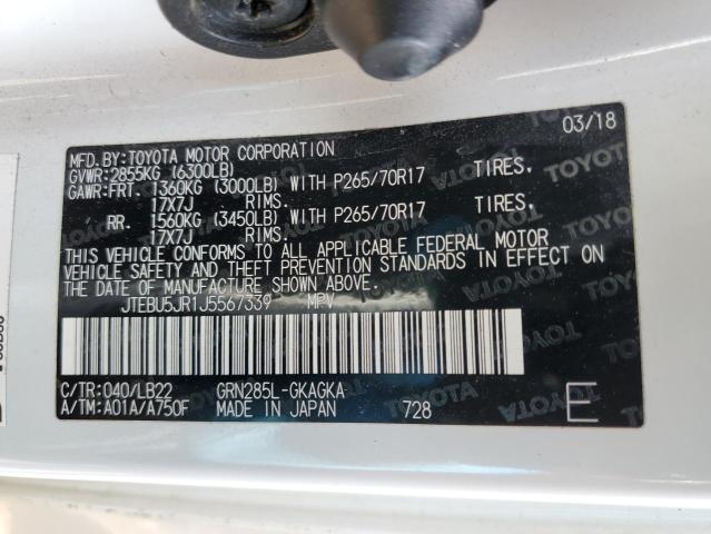 JTEBU5JR1J5567339 - 2018 TOYOTA 4RUNNER SR5/SR5 PREMIUM 白色 照片 12