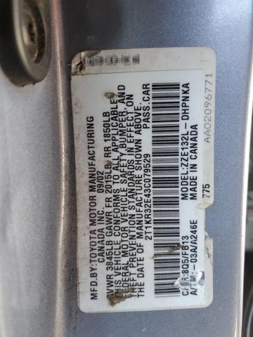 2T1KR32E43C079529 - 2003 TOYOTA COROLLA MA XR GRAY photo 12