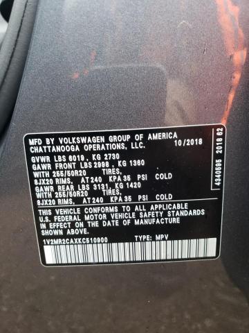 1V2MR2CAXKC510900 - 2019 VOLKSWAGEN ATLAS SEL CHARCOAL photo 12