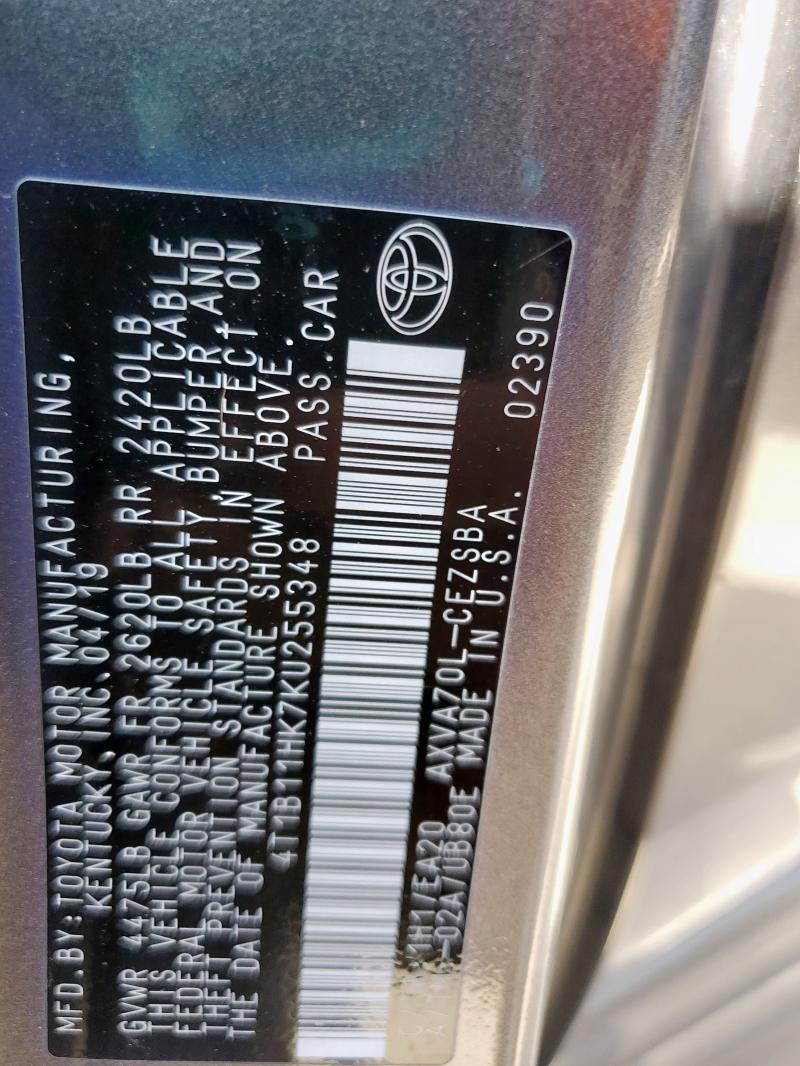 4T1B11HK7KU255348 - 2019 TOYOTA CAMRY L GRAY photo 12