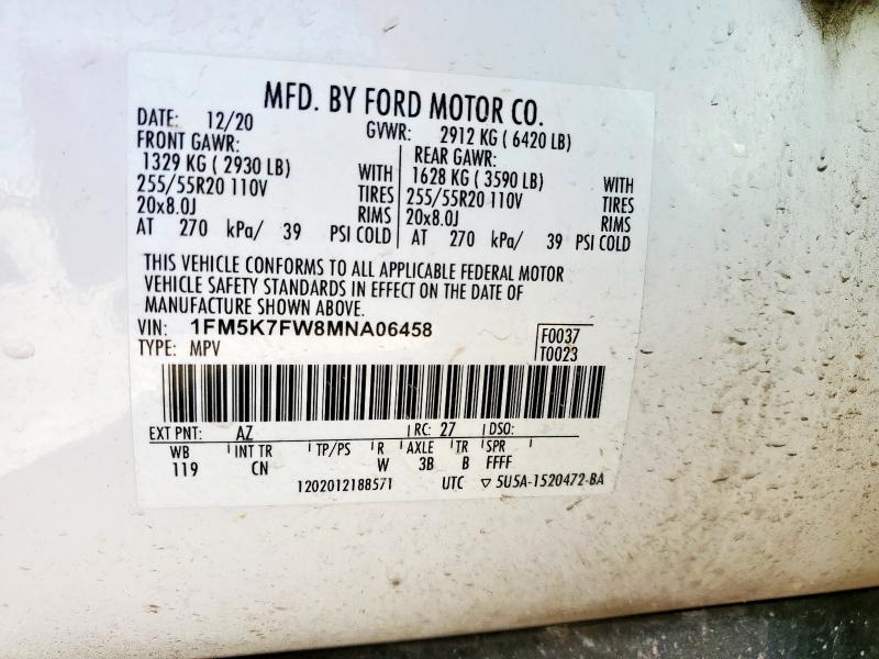 1FM5K7FW8MNA06458 - 2021 FORD EXPLORER LIMITED Ağ foto 13