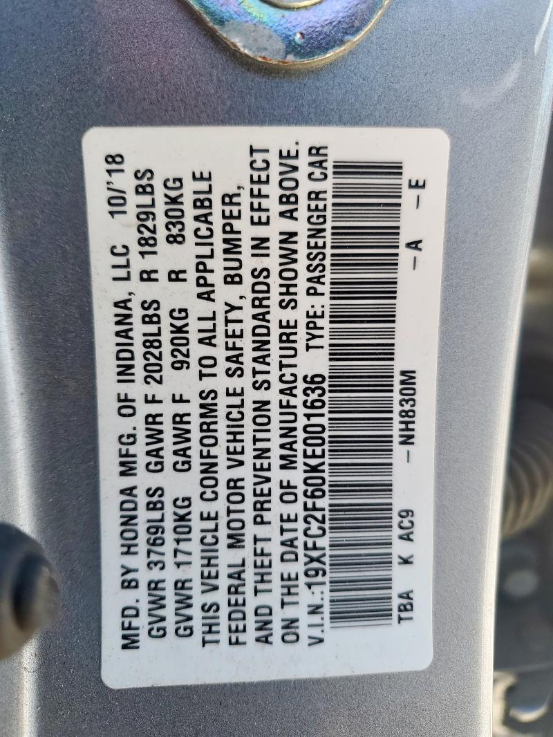 19XFC2F60KE001636 - 2019 HONDA CIVIC LX GRAY photo 12