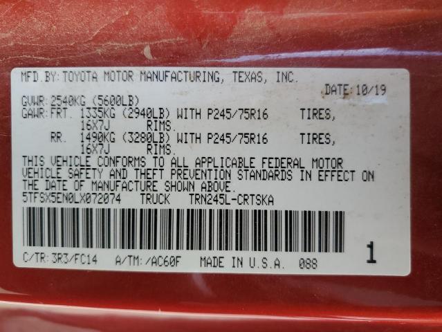 5TFSX5EN0LX072074 - 2020 TOYOTA TACOMA ACCESS CAB წითელი ფოტო 12