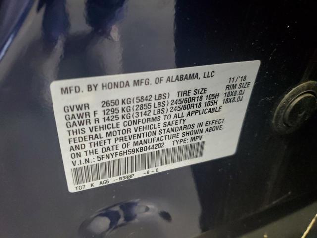 5FNYF6H59KB044202 - 2019 HONDA PILOT EXL ლურჯი ფოტო 12